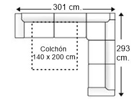 Sofá rinconera 6 plazas con cama apertura italiana y colchón 140 x 200 cm. izquierda