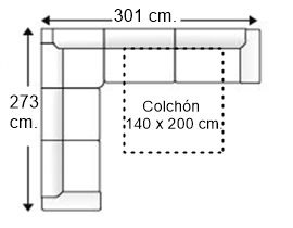 Sofá rinconera 5,5 plazas con cama apertura italiana y colchón 140 x 200 cm. derecha