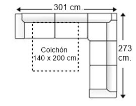 Sofá rinconera 5,5 plazas con cama apertura italiana y colchón 140 x 200 cm. izquierda