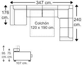 Sofá rinconera 4,5 plazas con chaise longue arcón y cama apertura italiana colchón de 120 x 190 cm. izquierda