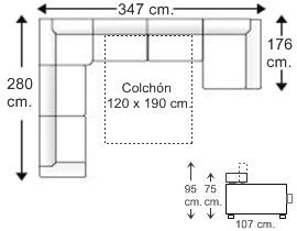 Sofá rinconera 5 plazas con chaise longue arcón y cama apertura italiana colchón de 120 x 190 cm. derecha