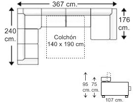 Sofá rinconera 5 plazas con chaise longue arcón y cama apertura italiana colchón de 140 x 190 cm. derecha