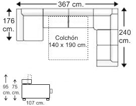 Sofá rinconera 5 plazas con chaise longue arcón y cama apertura italiana colchón de 140 x 190 cm. izquierda