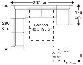 Sofá rinconera 6 plazas con chaise longue arcón y cama apertura italiana colchón de 140 x 190 cm. derecha