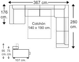 Sofá rinconera 6 plazas con chaise longue arcón y cama apertura italiana colchón de 140 x 190 cm.izquierda