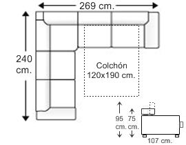 Sofá rinconera asimétrica 4,5 plazas con cama apertura italiana colchón de 120 x 190 cm. derecha