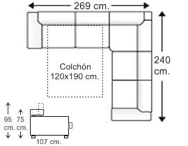 Sofá rinconera asimétrica 4,5 plazas con cama apertura italiana colchón de 120 x 190 cm. izquierda