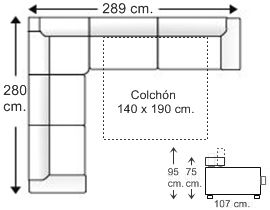 Sofá rinconera simétrica 6 plazas con cama apertura italiana colchón de 140 x 190 cm. derecha