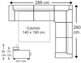 Sofá rinconera simétrica 6 plazas con cama apertura italiana colchón de 140 x 190 cm. izquierda