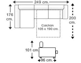 Sofá 2 plazas con cama apertura italiana colchón 105 x 190 cm. y chaise longue arcón derecha