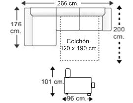 Sofá 2,5 plazas con cama apertura italiana colchón 120 x 190 cm. y chaise longue arcón derecha