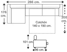 Sofá 3 plazas con cama apertura italiana colchón 140 x 190 cm. y chaise longue arcón derecha