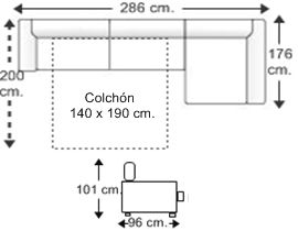 Sofá 3 plazas con cama apertura italiana colchón 140 x 190 cm. y chaise longue arcón izquierda