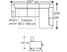 Sofá rinconera 3 plazas brazo arcón con cama apertura italiana colchón de 90 x 190 cm. izquierda