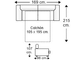 Sofá 2 plazas con cama apertura italiana y colchón de 105 x 195 cm. alto 16 cm