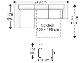 Sofá 2 plazas con cama apertura italiana colchón de 105 x 195 cm. alto 16 cm. y chaise longue arcón derecho