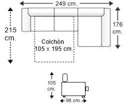 Sofá 2 plazas con cama apertura italiana colchón de 105 x 195 cm. alto 16 cm. y chaise longue arcón izquierdo