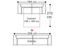 Conjunto sofá 2 plazas con cama apertura italiana y colchón de 105 x 195 cm. + sofá 3 plazas fijo