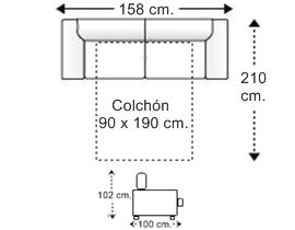 Sofá 2 plazas con cama apertura italiana y colchón de 90 x 190 cm