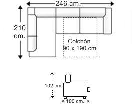 Sofá rinconera 3 plazas con cama apertura italiana colchón de 90 x 190 cm. derecha