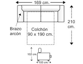 Sofá 2 plazas con cama apertura italiana y colchón de 90 x 190 cm. con 1 brazo arcón