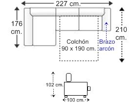 Sofá 2 plazas brazo arcón con cama apertura italiana colchón de 90 x 190 cm. y chaise longue arcón derecha