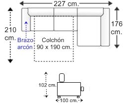 Sofá 2 plazas brazo arcón con cama apertura italiana colchón de 90 x 190 cm. y chaise longue arcón izquierda