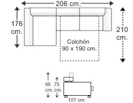 Sofá 2 plazas con cama apertura italiana colchón de 90 x 190 cm. y chaise longue arcón derecha brazos reducidos