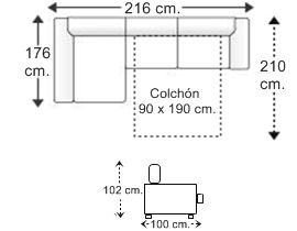 Sofá 2 plazas con cama apertura italiana colchón de 90 x 190 cm. y chaise longue arcón derecha