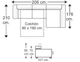 Sofá 2 plazas con cama apertura italiana colchón de 90 x 190 cm. y chaise longue arcón izquierda brazos reducidos