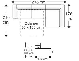 Sofá 2 plazas con cama apertura italiana colchón de 90 x 190 cm. y chaise longue arcón izquierda