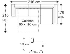Sofá 2 plazas con cama apertura italiana colchón de 90 x 190 cm. y chaise longue arcón izquierda