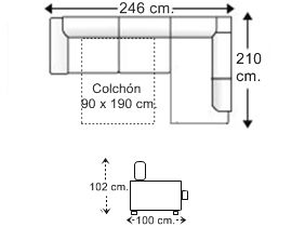 Sofá rinconera 3 plazas con cama apertura italiana colchón de 90 x 190 cm. izquierda