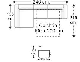 Sofá cama 2 plazas con chaise longue derecho y colchón de 100 x 200 cm.