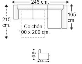 Sofá cama 2 plazas con chaise longue izquierdo y colchón de 100 x 200 cm