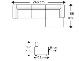 Sofá 2 plazas con chaise longue brazo corto izquierdo.