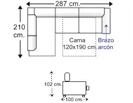 Sofá rinconera 3,5 plazas brazo arcón con cama apertura italiana colchón de 120 x 190 cm. derecha