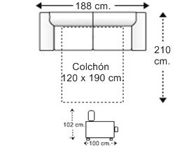 Sofá 2,5 plazas con cama apertura italiana y colchón de 120 x 190 cm