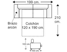 Sofá 2,5 plazas con cama apertura italiana y colchón de 120 x 190 cm. con 1 brazo arcón