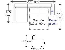 Sofá 2,5 plazas brazo arcón con cama apertura italiana colchón de 120 x 190 cm. y chaise longue arcón derecha