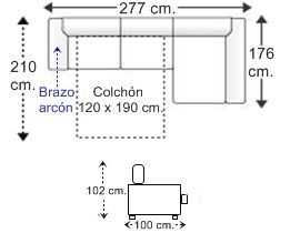 Sofá 2,5 plazas brazo arcón con cama apertura italiana colchón de 120 x 190 cm. y chaise longue arcón izquierda