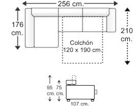 Sofá 2,5 plazas con cama apertura italiana colchón de 120 x 190 cm. y chaise longue arcón derecha brazos reducidos