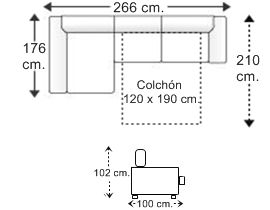 Sofá 2,5 plazas con cama apertura italiana colchón de 120 x 190 cm. y chaise longue arcón derecha