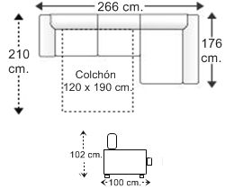 Sofá 2,5 plazas con cama apertura italiana colchón de 120 x 190 cm. y chaise longue arcón izquierda