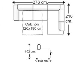 Sofá rinconera 3,5 plazas con cama apertura italiana colchón de 120 x 190 cm. izquierda