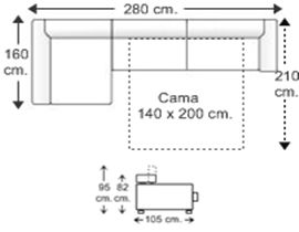 Sofá 3 plazas apertura italiana colchón 140 x 200 cm. y chaise longue arcón derecho brazos reducidos