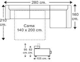 Sofá 3 plazas apertura italiana colchón 140 x 200 cm. y chaise longue arcón izquierdo brazos reducidos