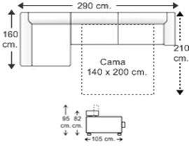 Sofá 3 plazas apertura italiana colchón 140 x 200 cm. y chaise longue arcón derecho