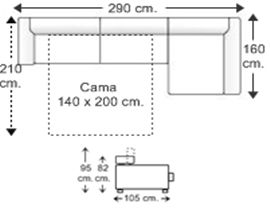 Sofá 3 plazas apertura italiana colchón 140 x 200 cm. y chaise longue arcón izquierdo