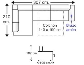 Sofá rinconera 4 plazas brazo arcón con cama apertura italiana colchón de 140 x 190 cm. derecha